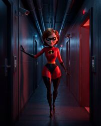 ai_generated big_ass bodysuit brunette brunette_female brunette_hair confident elastigirl facility hallway helen_parr high_heels infiltration latex mask masked_female milf round_ass sexy sexy_body sexy_waist shocked shocked_expression sneaking spy stealth superhero superheroine the_incredibles thick thick_ass thick_thighs tight_clothes tight_clothing tight_fit walking walking_towards_viewer