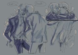 2026 2boys belt belt_buckle cecil_stedman closed_eyes donald_ferguson english english_text fingering fingers gay gay_male glasses hair heavy_breathing invincible invincible_(comics) invincible_(tv_series) light-skinned_male light_skin male male/male male_only office_clothing open_mouth pants scar shirt short_hair simple_background standing teeth teeth_showing teeth_visible text text_bubble tongue tongue_out white_shirt yaoi