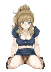 1girl absurdres bikini bikini_under_clothes blonde_hair blue_eyes blush breasts cleavage commentary_request crop_top female_pubic_hair full_body gatsby_ssl gold_bikini highres idolmaster idolmaster_cinderella_girls large_breasts long_hair looking_at_viewer miniskirt navel ohtsuki_yui ponytail pout pubic_hair sitting skirt solo swimsuit