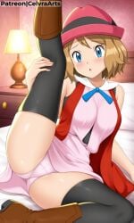 ai_generated bed bedroom flirting flirting_with_viewer leg_up pokemon pokemon_xy serena_(pokemon) serena_(pokemon_games)