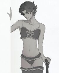 1male 2d 2d_(artwork) arcane arcane_viktor bow bow_ribbon bra cane crossdressing crossdressing_male digital_media_(artwork) disabled_male eye_contact femboy feminine_male feminization gay gay_male greyscale league_of_legends light-skinned_male light_skin lingerie lingerie_bra lingerie_only lingerie_panties male male_in_lingerie male_only mole_above_mouth pale-skinned_male pale_skin panties riot_games short_hair skinny skinny_male solo solo_focus solo_male standing stockings suggestive viktor_(league_of_legends) yaoi