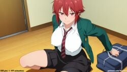 1girl 1girls absurd_res ai_assisted ai_generated aizawa_tomo anime ass bag black_skirt blush boobs breasts bubble_butt butt cleavage curvaceous curvy curvy_figure door fang green_blazer hand_on_floor high_resolution highres hourglass_figure huge_ass huge_butt indoors large_breasts leaning_back light-skinned_female looking_at_viewer necktie on_floor patreon patreon_logo patreon_username red_eyes red_hair school_bag school_uniform short_hair sitting skirt smile solo striped_necktie thick_thighs thighs tomo-chan_wa_onna_no_ko veyluna voluptuous white_shirt wide_hips wooden_floor