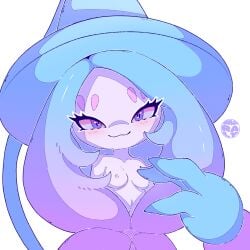 absurd_res anthro breasts digital_media_(artwork) exposed_breasts female generation_8_pokemon hair hatterene hi_res looking_at_viewer mammal narrowed_eyes nintendo nipples nude pokemon pokemon_(species) seductive sharalythesheep simple_background size_difference smaller_female smile solo