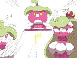 2026 aliasing ambiguous_gender angry anthro bounsweet digital_media_(artwork) female feral generation_7_pokemon genitals group nintendo plump_labia podium pokemon pokemon_(species) slem steenee trio tsareena vulva
