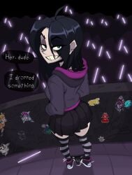 1girls black_hair earrings goth jrvanesbroek looking_at_viewer looking_back oc panties_around_ankles panties_down skirt sneakers socks thighhighs