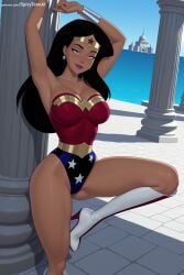 1girl ai_generated armpits bare_shoulders black_hair blue_eyes boots breasts cleavage dark_skin dc dc_comics dcau diana_prince earrings hi_res high_heel_boots high_heels high_quality high_resolution jewelry justice_league knee_boots large_breasts leotard lips long_hair looking_at_viewer patreon seductive sexy solo spicytoonai star_(symbol) star_print superhero thighs uncensored watermark white_footwear wonder_woman wonder_woman_(series)