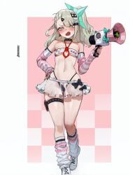 1girl ai_generated angels_of_delusion argyle argyle_background argyle_legwear bikini blush breasts checkered checkered_background chess_piece criss-cross_halter detached_sleeves dirresponsibly fang green_eyes green_hair hair_ornament handgun highleg_panties holding holding_gun long_hair navel open_mouth race_queen skirt small_breasts solo sunna_(zenless_zone_zero) tagme thighhighs zenless_zone_zero