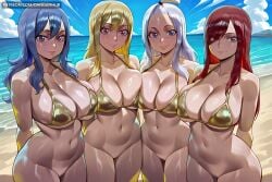 4girls ai_generated arms_behind_back bangs beach bikini bikini_top_only blonde-haired_female blonde_hair blue-haired_female blue_eyes blue_hair blue_sky bottomless breast_press breasts brown_eyes cleavage closed_mouth cloud collarbone dandanhub day erza_scarlet fairy_tail gold_bikini hair_between_eyes hair_over_one_eye huge_breasts juvia_lockser large_breasts long_hair looking_at_viewer lucy_heartfilia mirajane_strauss multiple_girls navel ocean outdoors purple_eyes pussy red-haired_female red_eyes red_hair sky smile swimsuit take_your_pick tan tanlines uncensored water white-haired_female white_hair yellow_bikini