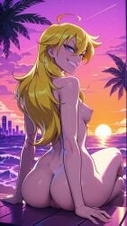 1girl 2026 2d absurd_res absurd_resolution absurdres ahoge ai_generated anus ass beach blonde_hair blue_eyes breasts cloud completely_nude crossed_legs from_behind grin hair_between_eyes hi_res high_quality high_resolution highres image long_hair looking_at_viewer looking_back mayrainart medium_breasts nipples nude ocean outdoors palm_tree panty_&_stocking_with_garterbelt panty_anarchy patreon pussy shooting_star sitting sky smile solo sun sunset teeth tree uncensured water