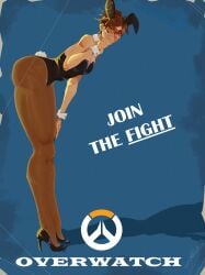 big_ass big_thighs brown_eyes brown_hair bunny_ears bunny_girl bunny_tail bunnysuit digital_drawing_(artwork) heels lena_oxton lime21 overwatch pantyhose pinup recruitment_poster small_breasts suprised tracer visor