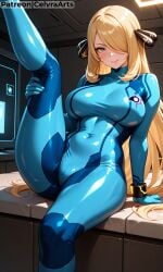 ai_generated blonde_female blonde_hair cynthia_(pokemon) leg_up pokemon pokemon_dppt zero_suit