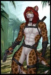 abs andromorph anthro ashnu_(ashnurazg) black_gloves brown_body brown_fur chest_tuft chin_tuft clitoris clitoris_piercing clockhands clothing collar colored_nails cuntboy eyebrows facial_tuft felid fur genital_piercing genitals gloves gun hair handwear hi_res holding_gun holding_object holding_weapon inner_ear_fluff intersex jungle long_hair long_tail machairodontine male mammal mostly_nude muscular muscular_andromorph muscular_intersex nails navel navel_piercing nipples orange_eyes outside pawpads piercing pink_nipples pink_nose pink_pawpads pussy pussy_piercing ranged_weapon red_eyebrows red_hair solo spots spotted_body spotted_fur tuft weapon white_body white_fur white_nails