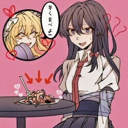 2girls :d ? ?? alternate_eye_color alternate_hair_length_(longer) arrow_(symbol) black_hair black_skirt blonde_hair blue_eyes bound bow bug closed_eyes cockroach collared_shirt commentary fang fork gloves guro hair_between_eyes hair_bow hat heart highres long_hair long_sleeves maggot maribel_hearn missing_headwear mob_cap multiple_girls necktie open_mouth oriharareimu pink_background plate purple_gloves red_bow red_necktie shirt sitting skirt sleeve_garter smile speech_bubble sweatdrop table tie_clip tied_up_(nonsexual) touhou translation_request usami_renko white_hat white_shirt