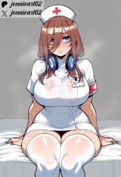 1girl ai_generated armband artist_name bed blue_eyes blue_nails blush breasts brown_hair clothes_writing clothing curvy dress fanbox_username female go-toubun_no_hanayome grey_background hair_between_eyes hat headphones headphones_around_neck headwear jennieart02 large_breasts legwear long_hair looking_at_viewer nail_polish nakano_miku name_tag nurse nurse_cap parted_lips patreon patreon_logo patreon_username short_dress short_sleeves simple_background sitting solo sweat thick_thighs thighhighs thighs twitter twitter_username watermark white_dress white_legwear white_thighhighs wide_hips