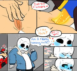 ! animated_skeleton bed blush bone clothed_sex comic dialogue english_text female frisk heart human magic_penis male mammal nsfwshamecave papyrus penis sans sex skeleton straight sweat text undead undertale