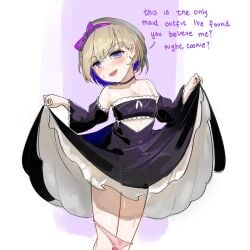 1girls amanogawa_shiina azar blonde_hair blush clothed clothing dress english_text eyebrows_visible_through_hair female female_only hair_ribbon lifting_dress light-skinned_female light_skin looking_at_viewer maid_uniform open_mouth panties_around_legs phase_alias phase_connect pink_panties purple_eyes solo sweat talking_to_viewer text virtual_youtuber