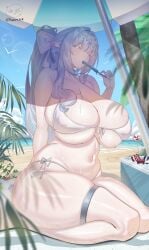 absurdres anastasya_feodorovna_snezhnaya ball beach beachball belly bikini branch breasts cloud commentary cooler english_commentary food genshin_impact hair_ribbon hetani312 highres large_breasts looking_at_viewer plump pointy_ears popsicle ribbon sign sitting swimsuit thick_thighs thigh_strap thighs umbrella white_bikini