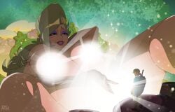 1boy 1girl artist_logo artist_name blonde_hair blue_tunic boots breasts brown_boots censored censored_nipples champion's_tunic_(zelda) clothed_male_nude_female commentary eyeshadow feet_out_of_frame female_masturbation forest full_body giant giantess great_fairy_(zelda) great_fairy_cotera grin highres huge_breasts legs_up light_censor link lipstick logo long_hair looking_at_another lying makeup masturbation nature nude on_back outdoors paid_reward_available pants parted_lips pink_lips purple_eyeshadow r3dfive shield shield_on_back smile solo_focus sparkle sparkling_aura spread_legs standing sword sword_on_back the_legend_of_zelda the_legend_of_zelda:_breath_of_the_wild tunic weapon weapon_on_back white_pants