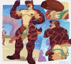 background balls ballsack beach biceps brown_fur brown_hair bulge commission crab furry furry_only gay_male hyena male_only mohawk muscular muscular_male muscular_thighs nipples oc original_character pecs penis penis_out phone public public_nudity sabel_(sweatysabel) six_pack spotted_fur spotted_hyena suprised sweatysabel tan_fur thong thong_pull