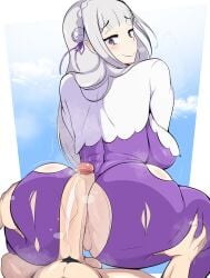 1boy 1girls ass_focus ass_grab back_view elf elf_ears elf_female emilia_(re:zero) imminent_sex large_ass large_breasts leo_el_random looking_back penis pov purple_eyes pussy re:zero_kara_hajimeru_isekai_seikatsu silver_hair skin_tight_suit solo thick_thighs torn_clothes underboob
