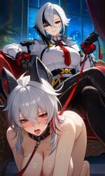 2girls ai_generated arlecchino_(genshin_impact) collar collar_only dominant dominant_female female female_only genshin_impact impacter leash leash_and_collar leash_pull naked naked_female no_watermark pixai submissive submissive_female tongue tongue_out wuthering_waves zani_(wuthering_waves)