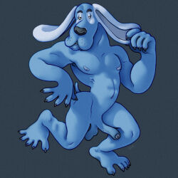 abs anthro black_nose bloodhound blue_body blue_fur blue_nipples bremenskiie_muzykanty canid canine canis claws dancing domestic_dog flapping_penis foreskin fur genitals half-erect hi_res hunting_dog long_ears long_penis male mammal muscular muscular_male nipples pecs penis pes ravuer scent_hound simple_background small_eyes solo soyuzmultfilm the_bremen_town_musicians thin_penis