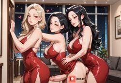 3futas ai_generated anal anal_sex black_hair blonde_hair charv erection futa_on_futa futa_only futadom futanari hugging kaori_(charv) katherine_(charv) long_hair red_dress red_eyes selene_(charv) short_hair threesome