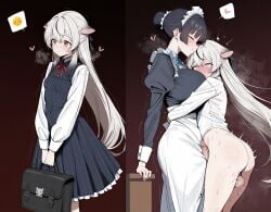 1futa 1girl absurdres ahegao ai ai_generated alternate_hairstyle animal_ears apron arm_support arms_around_another ass bag black_hair blue_archive blunt_bangs blush brown_eyes closed_eyes closed_mouth collared_shirt dark_background emoji face_between_breasts face_to_breasts female_sensei_(blue_archive) floating_clothes floating_hearts full-face_blush futa_with_female futanari grey_eyes hair_between_eyes heart highres holding holding_bag huge_breasts hugging humping kokona_(blue_archive) leaning_back long_sleeves looking_ahead looking_away maid maid_headdress motion_lines neck_ribbon no_panties orange_eyes penis_on_stomach pleated_dress puffy_sleeves red_ribbon rolling_eyes school_uniform sensei_(blue_archive) simple_background single_bun small_breasts smile spoken_emoji spoken_heart standing steaming_body streaked_hair sweat sweatdrop testicles thighs tiger_ears tiger_girl very_long_hair very_sweaty waist_apron white_apron white_headwear white_shirt