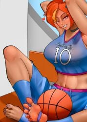 1girls 2026 2d 2d_(artwork) armpits arms_behind_head arms_up basketball basketball_(ball) basketball_uniform big_breasts blue_clothing breasts butterfly_(planetronika) curvy curvy_figure feet female female_focus female_only legs_crossed orange_hair planetronika short_hair sitting socks teeth teeth_showing