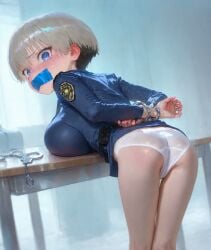 1girl ai_generated arms_behind_back ass bdsm belt bent_over black_hair blue_eyes blush bondage bound bound_arms bound_wrists breast_press breast_rest breasts breasts_on_table covered_mouth crying crying_with_eyes_open cuffs desk ear_blush fahreit feet_out_of_frame female female_only from_behind gag gagged grey_hair hair_between_eyes handcuffs huge_breasts imminent_rape improvised_gag indoors jacket large_breasts leaning_forward long_sleeves looking_at_viewer looking_back multicolored_hair no_pants panties police police_hat police_uniform policewoman restrained scared shirt short_hair skirt solo stable_diffusion standing sweat table tape tape_gag tearing_up tears thigh_gap thighs two-tone_hair underwear uniform uzaki-chan_wa_asobitai! uzaki_hana white_panties