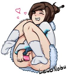 1girls anus ass brown_eyes brown_hair dildo female lewdnobu masturbation mei_(overwatch) overwatch pussy socks vagina winking