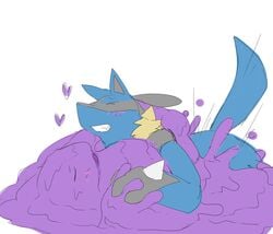 ambiguous_gender duo goo lucario lying missionary_position muk nintendo on_back pokemon pokemon_(species) sakamata sex simple_background video_games