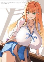 1girls absurdres alternate_breast_size_(larger) blue_skirt breasts button_gap cardigan cardigan_around_waist closed_mouth clothes_around_waist commentary_request gakuen_idolmaster green_eyes hair_ornament hairpin highres huge_breasts idolmaster long_hair looking_at_viewer miniskirt orange_hair satoyama_meu shirt shiun_sumika skirt smile solo translation_request white_shirt