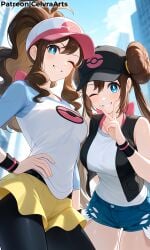 ai_generated flirting hilda_(pokemon) outfit_swap pokemon pokemon_bw rosa_(pokemon)