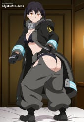 1girl ai_generated anime anime_style ass baggy_pants bikini black_bikini black_coat black_footwear black_gloves black_hair boots breasts cleavage closed_mouth coat en'en_no_shouboutai enen_no_shouboutai fire_force full_body gloves grey_pants hentai hi_res hip_vent indoors kotatsu_tamaki long_sleeves looking_at_viewer medium_breasts mystic_maidens navel open_clothes open_coat orange_eyes pants patreon patreon_username smile solo standing swimsuit tamaki_kotatsu twintails yellow_eyes