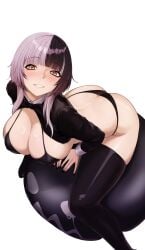 ass big_breasts black_hair black_panties blushing boobs breasts hololive hololive_english latex latex_clothing looking_at_viewer multicolored_hair shiori_novella thighhighs thighs yellow_eyes