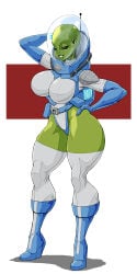 1girls alien antenna artist_request big_calves boots breasts green_body green_skin heels helmet high_heels lips pointy_ears simple_background solo space_helmet thighhighs