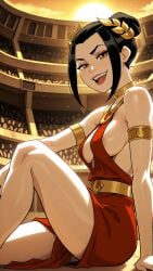 1girl 2026 2d absurd_res absurd_resolution absurdres ai_generated ancient_greek_clothes armlet avatar_the_last_airbender azula bare_shoulders black_hair breasts brown_eyes dress greco-roman_clothes hair_bun hi_res high_quality high_resolution highres image jewelry knee_up laurel_crown looking_at_viewer mayrainart medium_breasts open_mouth patreon red_dress sideboob sidelocks single_hair_bun sitting smile solo teeth toga uncensured