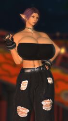 1girls 3d amicea big_breasts breast_squeeze breasts breasts_bigger_than_head cleavage cleavage_overflow elezen elf elf_ears elf_female elf_girl female female_focus female_only final_fantasy final_fantasy_xiv gpose_(ffxiv) huge_breasts light-skinned_female light_skin lipstick orange_eyes purple_hair self_upload solo solo_female solo_focus torn_clothes torn_clothing tube_top tubetop