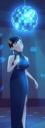 1girl 1girls ai_generated black_hair blue_dress blue_eyes blush carmen_sandiego_(2019) carmen_sandiego_(franchise) clothed clothing cup disco_ball disco_lights dress drink earrings female female_focus female_only glowing glowing_blue_eyes glowing_eyes hair_accessory hair_piece holding_drink holding_drinking_glass holding_glass holding_glass_cup holding_object jewelry julia_argent julia_argent_(carmen_sandiego) long_dress looking_up necklace short_hair solo solo_female solo_focus zupern0va_(manipper)