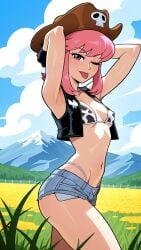 1girl 2026 2d ;p absurd_res absurd_resolution absurdres ai_generated animal_print armpits arms_behind_head arms_up bikini bikini_under_clothes black_gloves blue_sky breasts brown_headwear cloud cow_print cow_print_bikini cowboy_hat cowboy_shot cutoffs day denim denim_shorts field gloves grass hat hi_res high_quality high_resolution highleg highres image jakuzure_nonon kill_la_kill looking_at_viewer mayrainart medium_hair micro_shorts mountain mountainous_horizon navel one_eye_closed outdoors patreon pink_eyes pink_hair print_bikini print_headwear short_hair short_shorts shorts sidelocks skull_print sky small_breasts smile solo stomach swimsuit tongue tongue_out uncensured vest