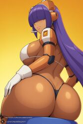 1female 1girl 1girls 2026 ai_generated android artist_name ass bangs big_ass big_breasts bikini blunt_bangs breasts curvy dark-skinned_female dark_skin from_behind gloves gradient gradient_background hair_over_eyes headgear headset hi_res high_quality high_resolution highres hime_cut huge_ass huge_breasts large_breasts layer_(mega_man) long_hair looking_at_viewer looking_back mega_man_x mole mole_under_eye patreon patreon_username purple_hair robot_ears rockman sideboob sitting smile solo swimsuit thong thong_bikini unjobdespiert watermark white_bikini white_gloves