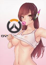 1girls armpits bluefield blush breasts brown_eyes brown_hair bubble bubble_gum clothes_pull color d.va erect_nipples eyebrows eyebrows_visible_through_hair facial_mark female female_only groin hair headphones logo long_hair looking_at_viewer navel nipples overwatch solo sweat underboob whisker_markings