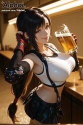 1girl 2025 2026 absurd_res absurdres ai ai-created ai_art ai_assisted ai_generated alphai arching_back arm_warmers bar beer black_elbow_gloves black_hair black_miniskirt black_suspenders blushing cinematic_lighting city colorful_background depth_of_field detailed_background detailed_hair detailed_skin dramatic_shadows earrings elbow_pads female_focus final_fantasy final_fantasy_vii high_quality high_resolution highres holding_beer jewelry large_breasts lips looking_at_viewer low-tied_long_hair naughty_face night particles patreon patreon_link patreon_url patreon_username raised_eyebrows red_eyes red_footwear red_gloves semirealistic skindentation smile solo square_enix standing street_fighter_6 tifa_lockhart volumetric_lighting white_sports_bra wink