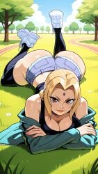 1girl 2026 2d absurd_res absurd_resolution absurdres ai_generated ass bare_shoulders black_thighhighs blonde_hair breasts brown_eyes cleavage crossed_arms cutoffs day denim denim_shorts facial_mark feet_up forehead_mark full_body grass hi_res high_quality high_resolution highres image jacket large_breasts lips looking_at_viewer lying makeup mature_female mayrainart naruto naruto_(classic) naruto_(series) naruto_shippuden off_shoulder on_stomach open_clothes open_jacket outdoors patreon patreon_logo patreon_username shoes short_shorts shorts sky smile sneakers solo the_pose thick_thighs thighhighs thighs tree tsunade_(naruto) uncensured web_address