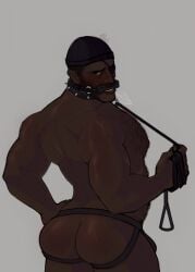 1boy ass beard black_hair black_hat collar dark-skinned_male dark_skin demoman_(team_fortress_2) dog_bone eyepatch facial_hair gay hand_on_ass hat holding_leash human human_only leash looking_at_viewer male male_only mammal mature mature_male muscles muscular muscular_male nude nude_male solo solo_focus solo_male straps team_fortress_2