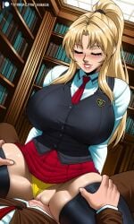 1boy1girl 1girls 2026 academy_uniform_(bible_black) ai ai_assisted ai_generated bible_black bible_black_only big_ass big_breasts big_penis big_thighs black_legwear black_thighhighs black_vest blonde_hair blush business_suit closed_eyes clothed_sex cowgirl_position curvy curvy_female curvy_figure dutch_angle faceless_male girl_on_top happy_sex high_ponytail horny_female horny_male huge_breasts large_ass large_breasts large_penis library light-skinned_female light-skinned_male long_hair mature_male older_male_and_younger_female panties_aside pleated_skirt ponytail red_skirt saeki_kaori school_uniform schoolgirl schoolgirl_uniform smile unseen_male_face vice-principal_(bible_black) yellow_panties younger_female