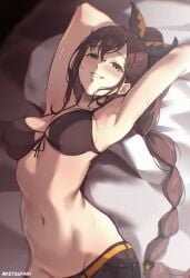 1girl 1girls arched_back artist_request belt blush bow cleavage female female_only front-tie_top grin groin large_breasts looking_at_viewer ponytail re:zero_kara_hajimeru_isekai_seikatsu shaula_(re:zero) smiling solo stomach sweat teeth