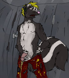 adrian_skunk_(character) balls bathroom circumcised clothed clothing facial_piercing flaccid genital_piercing hand_on_hip holding_penis humanoid_penis lip_piercing looking_away male mammal nipples no_underwear open_mouth open_pants peeing penis penis_piercing piercing prince_albert_piercing public_restroom sketch skunk skunkjunkie snakebite_piercing solo topless torn_clothing urine whiskers