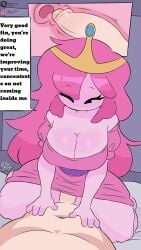 adventure_time bed bedroom cartoon_network cowgirl_position exited finn_the_human princess_bubblegum sex talking text_bubble